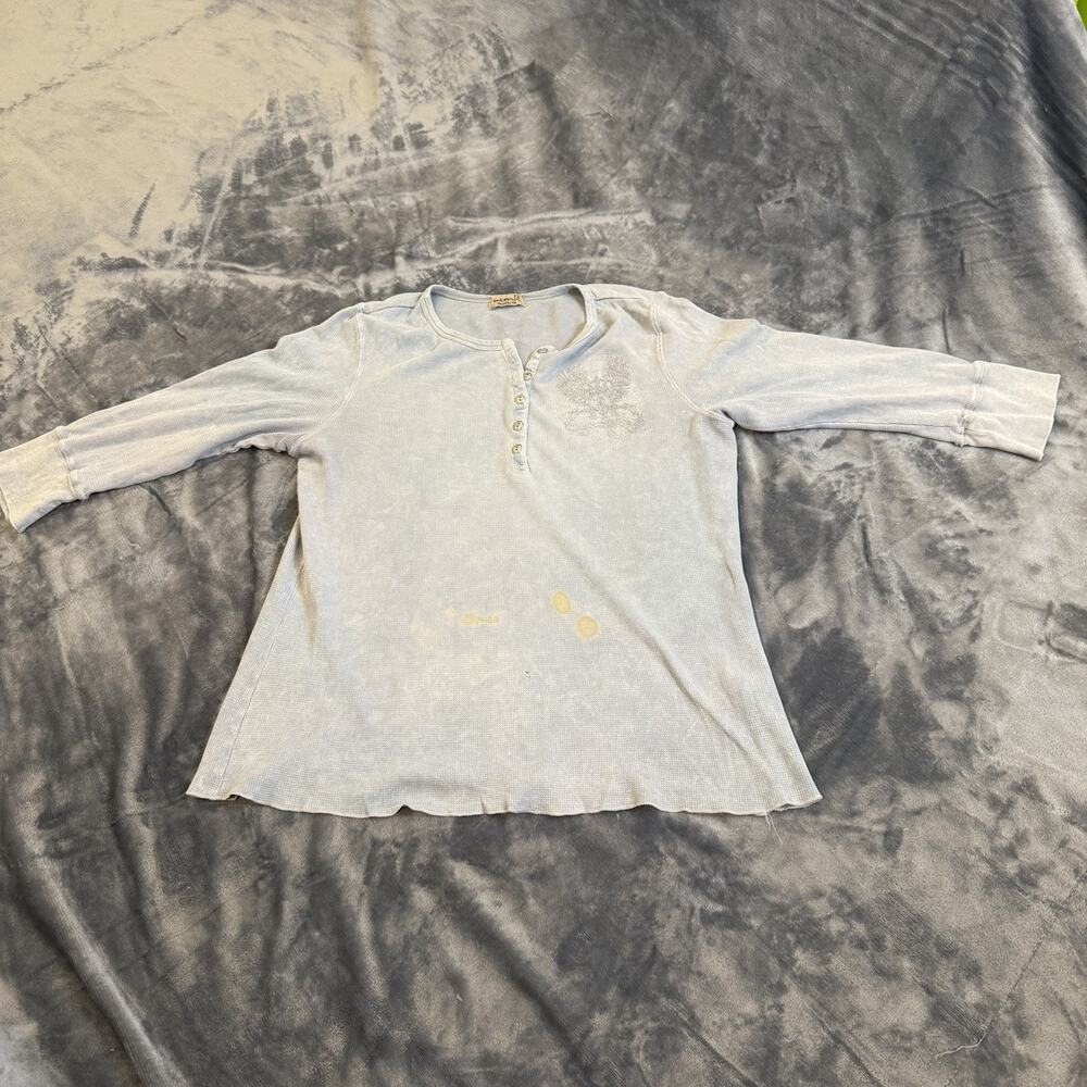 VTG One World Henley L/S Shirt XL Blue Crown USA Made Distressed Stains Rips